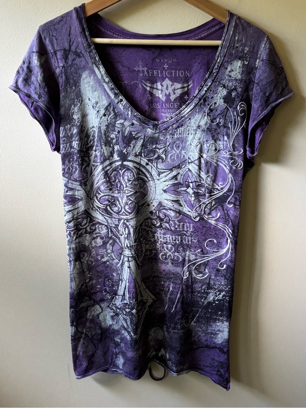 Affliction Purple Grunge Graphic Tee with Ripped Back Detail